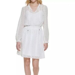 Tommy Hilfiger Womens White Chiffon Smocked Mini Fit & Flare Ivory Dress Size 10